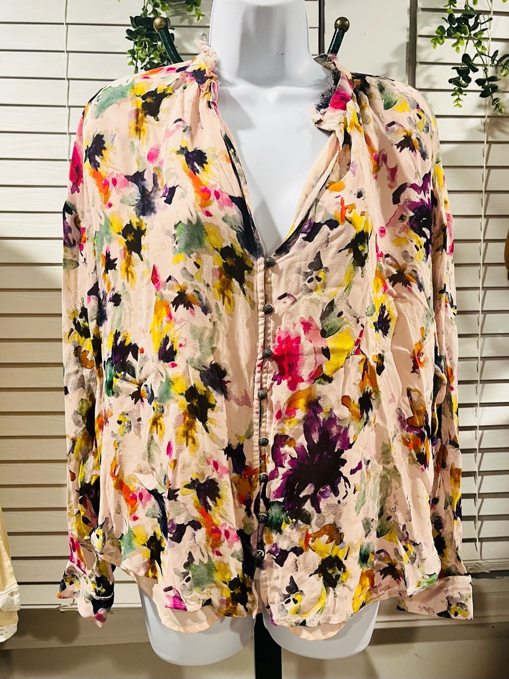 Anthropologie Pilcro Women's Floral Watercolor Button-Front Blouse - Pink L - Picture 2 of 12